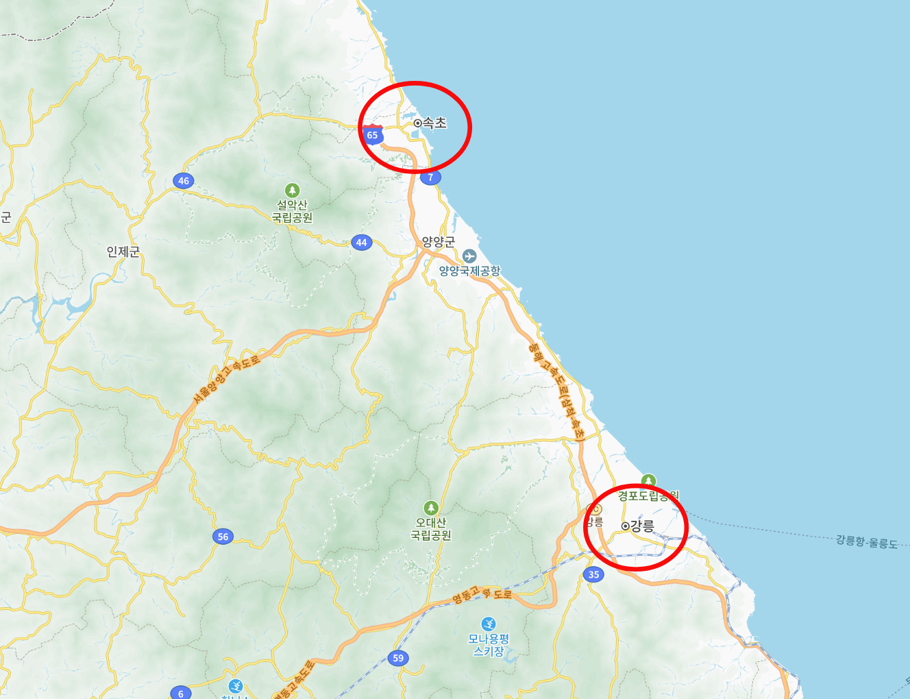 강릉과 속초의 거리는 불과 60km