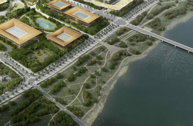 국가상징구역 진입 금강 대교 조감도(왼쪽은 계획중인 다리, 오른쪽은 햇무리교)