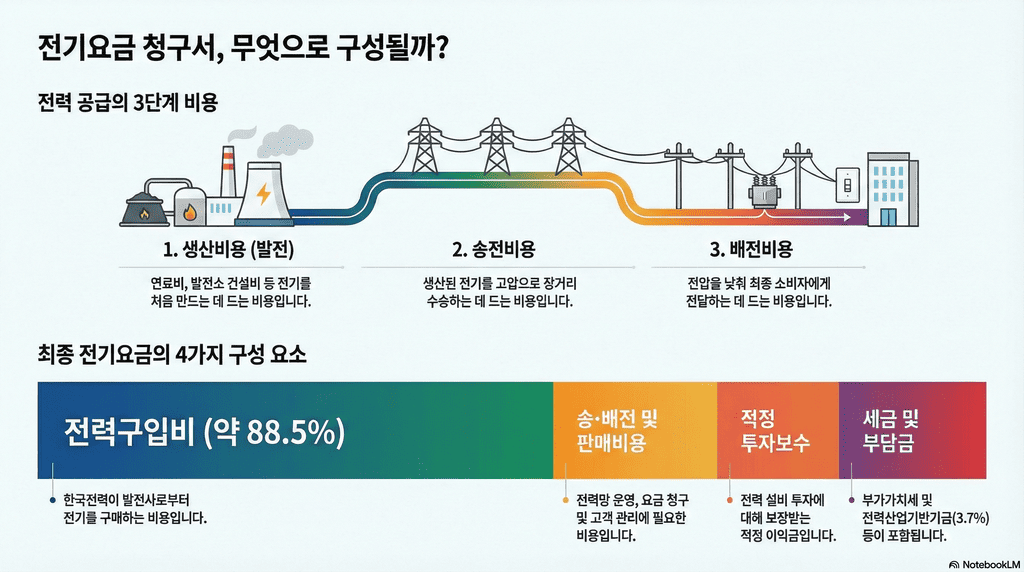 전기 요금은 크게 발전/송전/배전/기타로 구성되어 있으며, 차등 요금제는 송전비용과 큰 관련이 있다 (NotebookLM으로 생성)
