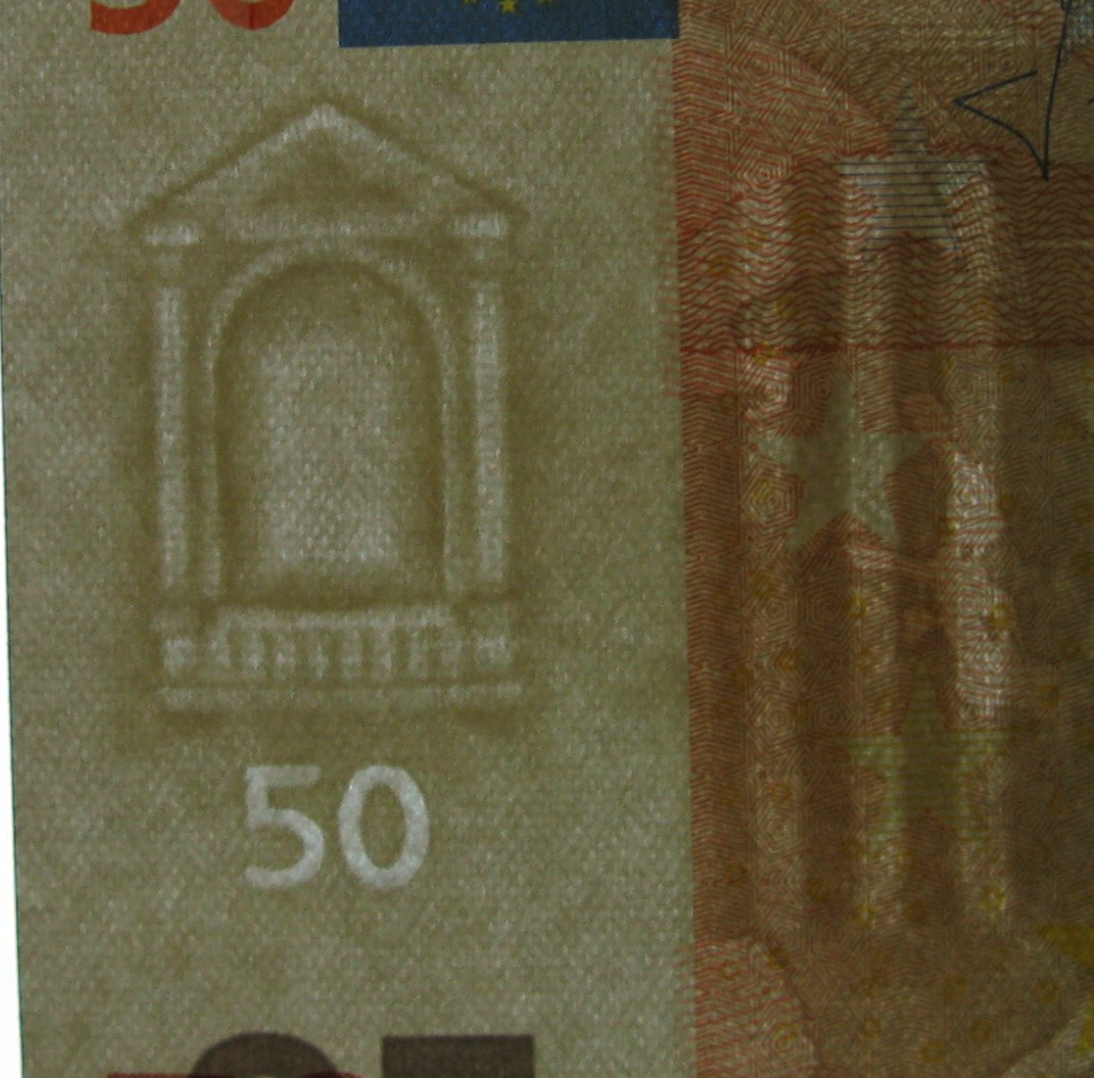 50 유로 지폐에 새겨져있는 워터마크. 워터마크는 원본 콘텐츠의&nbsp;저작권 보호, 출처나 진위 확인 목적으로 이미지, 영상, 문서 등에 삽입하는 식별 표시를 말한다. (사진출처 : 위키피디아)