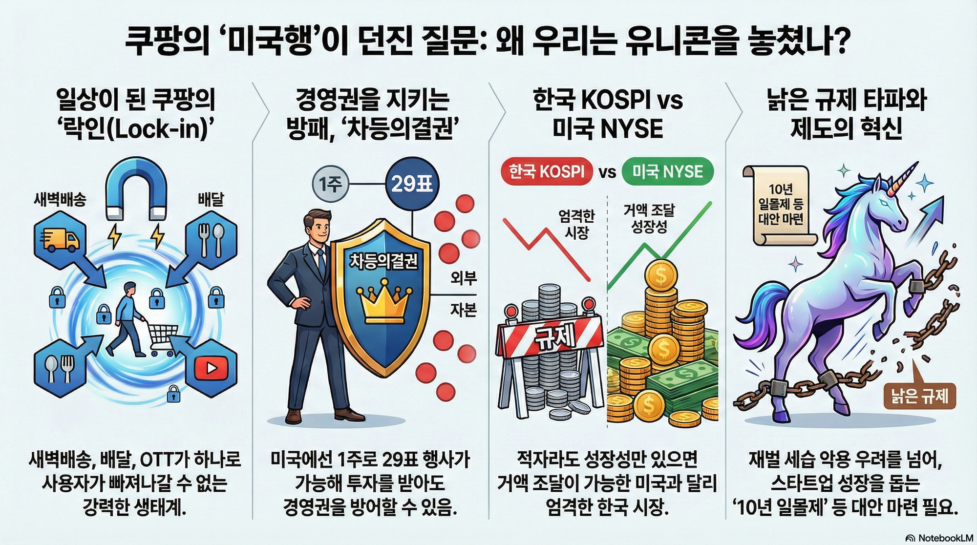 쿠팡은 아쉽지 않다. 하지만 그 혁신을 품지 못했음은 면밀히 살펴야한다. (이미지생성 : 노트북LM)