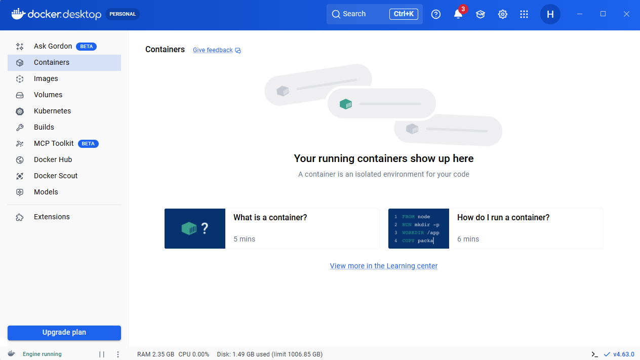 Windows용 Docker Desktop의 모습이다
